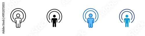 User Signal Multiple Style Icon Design Vector - User figure with signal waves representing online presence, connectivity status, and active network communication