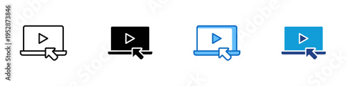 Video Play Multiple Style Icon Design Vector - Laptop with play button and cursor representing video streaming, media playback, and online content viewing