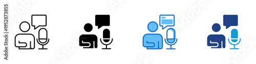 Voice Support Multiple Style Icon Design Vector - Person with microphone and speech bubble representing voice support service, customer communication, and live assistance