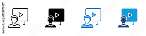 Video Presentation Multiple Style Icon Design Vector - Presenter with screen and play symbol representing video presentation, online training, and educational content delivery