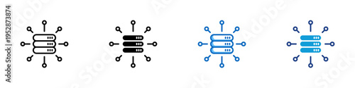 Data Network Multiple Style Icon Design Vector - Server nodes connected with lines representing data distribution, network communication, and system connectivity