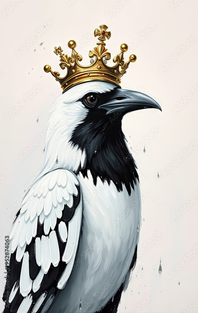 Fototapeta premium Artistic depiction of a crowned white crow with expressive texture. Vibrant colors and whimsical atmosphere.