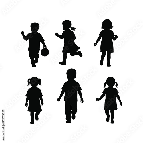 Vibrant vector silhouettes depicting joyful childhood play, with active kids running and walking, perfect for projects celebrating youth and movement