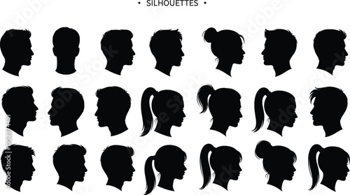 A collection of various human head silhouettes featuring diverse hairstyles for men and women alike isolated on white background
