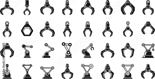 Comprehensive collection of black industrial robotic claw and mechanical arm silhouettes isolated on a white background for automated manufacturing and high tech engineering.