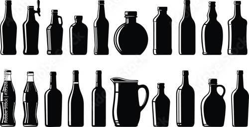 A collection of various silhouette bottle and pitcher shapes isolated on a white background design isolated on white background