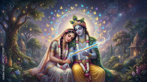 Radha Krishna illustration peaceful forest moment with butterflies and flute expressing calm love and magical divine atmosphere background wallpaper