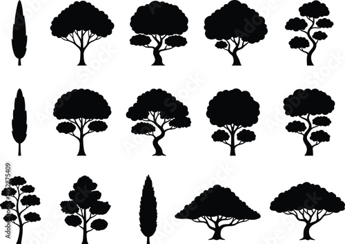 Comprehensive set of fifteen black tree silhouettes featuring various shapes like cypress and oak isolated on a white background for landscape architecture and design.