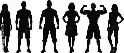 A collection of diverse human silhouettes standing in a row isolated against a white background isolated on white background