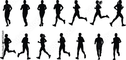 A collection of black silhouettes showing various men and women running in different directions isolated on white background