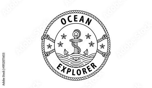 Vintage ocean explorer emblem with anchor and rope border