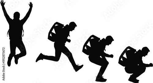 A series of black silhouettes showing a person with a backpack jumping in different motion stages isolated on white background