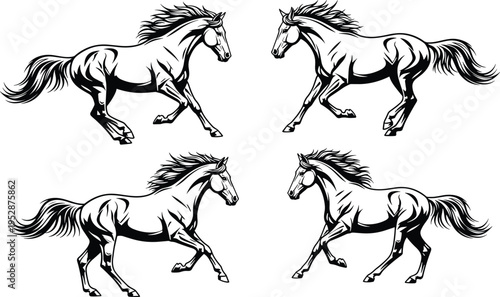 A collection of four artistic black and white illustrations featuring galloping horses in profile isolated on white background