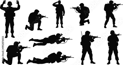 A collection of black silhouettes showing various soldiers in different tactical combat positions isolated on white background