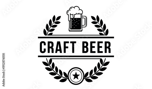 Craft beer logo with foaming mug and laurel wreath