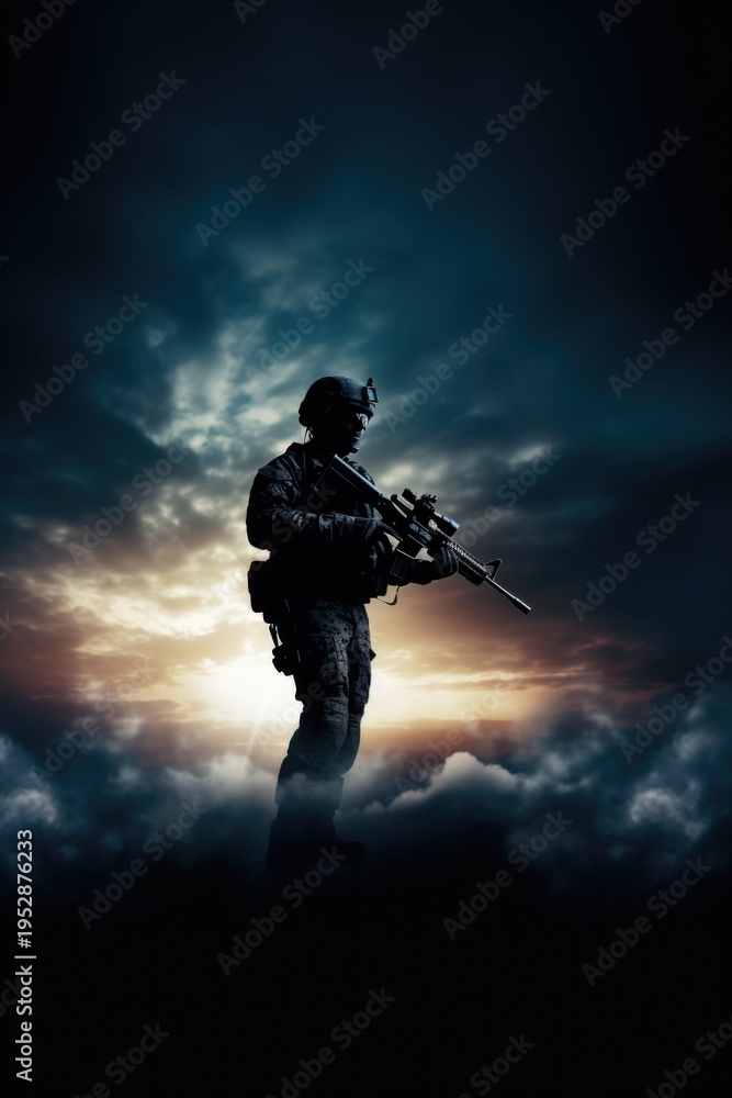 Fototapeta premium A powerful image of a soldier standing tall with a rifle in hand, surrounded by clouds. This picture can be used to depict strength, determination, and a sense of being on top of the world