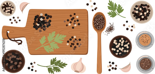 Mixed Peppercorns and Spices with Wooden Board Spoon Garlic and Herbs for Cooking Ingredients Kitchen Seasoning Vector Illustration Set