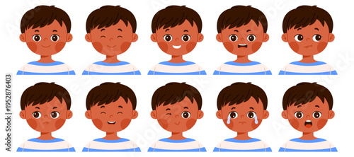 Cute boy character with various emotions set. Kids facial expressions collection: happy, sad, surprised, angry, confused, crying, smiling. Cartoon child avatar.  Isolated vector illustration