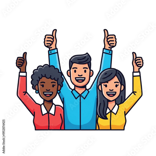 A vibrant and diverse team of professionals celebrating shared success with enthusiastic thumbs-up gestures, embodying strong teamwork, collective achievement, and overall happiness