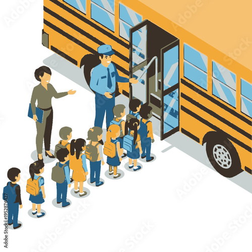 School bus driver and teacher supervising children as they board a yellow school bus in an orderly line.