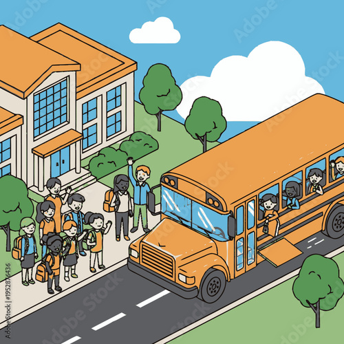 Children of diverse backgrounds happily boarding a yellow school bus in front of a school building.