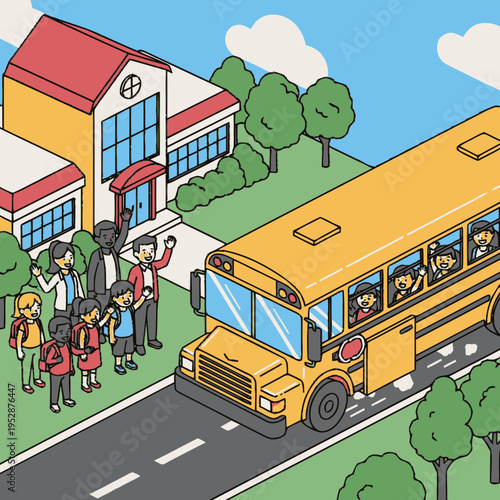 Children and teachers waving goodbye to a school bus filled with students, illustrating the start of a school day.