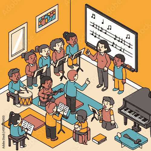 A vibrant music class where children learn to sing and play instruments under the guidance of their teachers.