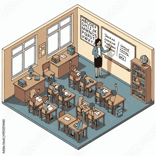An isometric view of a classroom scene with a teacher instructing students at their desks, featuring educational materials and a bookshelf.