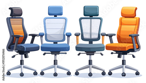 A collection of four modern ergonomic office chairs featuring various colors and mesh backrest designs Vector