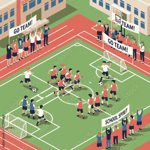 Isometric view of a school soccer match with cheering crowds and banners on a sunny day.