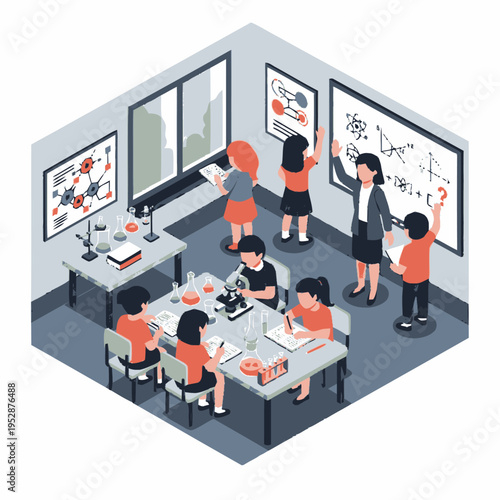 Children engaged in a science lesson, conducting experiments with microscopes and learning from a teacher explaining concepts on a whiteboard in a classroom setting.