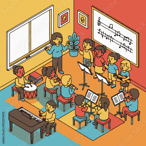 A vibrant isometric illustration of a diverse group of young children participating in a lively music class, led by an enthusiastic teacher.