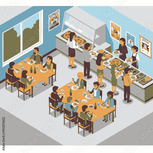 Isometric illustration of a busy cafeteria with people serving themselves food from a buffet line and eating at tables.