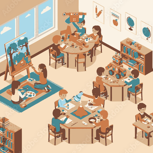 Children engaged in various creative activities like painting, crafting, and building robots in a bright, well-lit classroom setting.