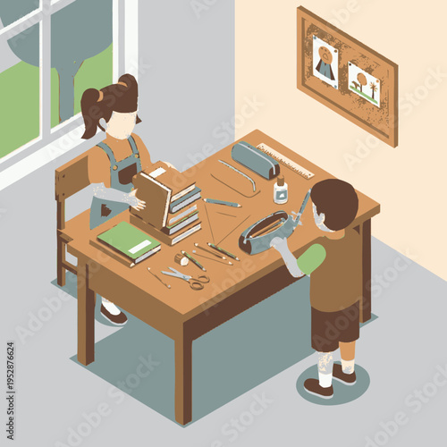 Two children, a boy and a girl, are diligently working on their schoolwork and crafts at a wooden table, surrounded by books, pencils, and art supplies.