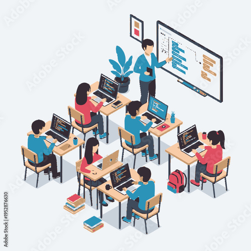 A diverse group of students actively engaged in a coding class, with a teacher instructing them using a digital whiteboard and laptops.