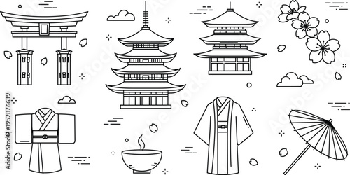 PrintJapanese traditional culture line icons vector set with torii gate pagoda kimono tea bowl sakura flowers and umbrella illustration