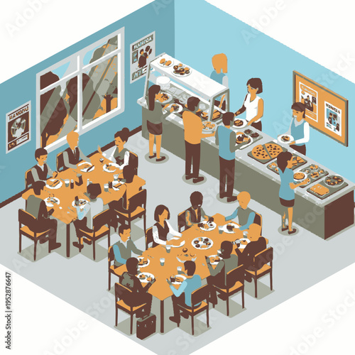Isometric view of a busy cafeteria with people serving themselves food and sitting at tables, illustrating a communal dining experience.