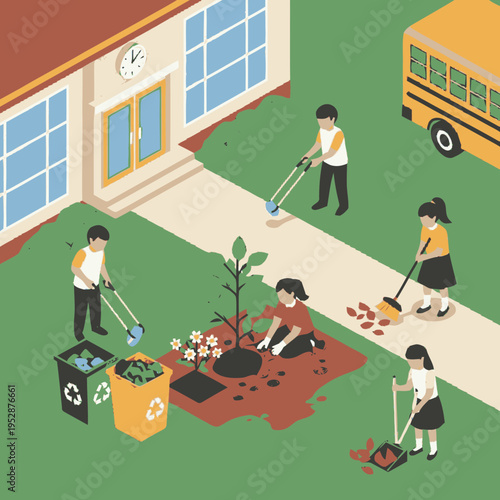 Children participate in a school cleanup and planting day, tending to the grounds and a new tree.