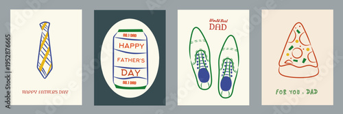 Happy father's day, set of vector vintage postcards. Flat illustration of a pizza, coke, tie, shoes, food, drink elements. Portrait template in colorful background. Fun design for greeting and banner.