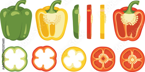 Bell Pepper Slices and Whole Capsicum Collection with Green Yellow and Red Paprika Cross Sections for Fresh Vegetable Food Vector Illustration Set