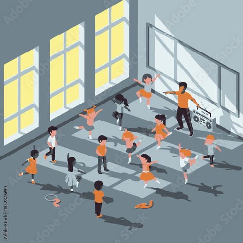 A diverse group of children and an instructor participate in a lively dance class in a sunlit room.
