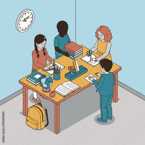 Diverse group of children collaborating around a table in a classroom setting, engaged in learning activities.