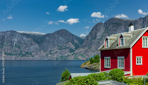 Red house at Aurlandsfjord in Norway