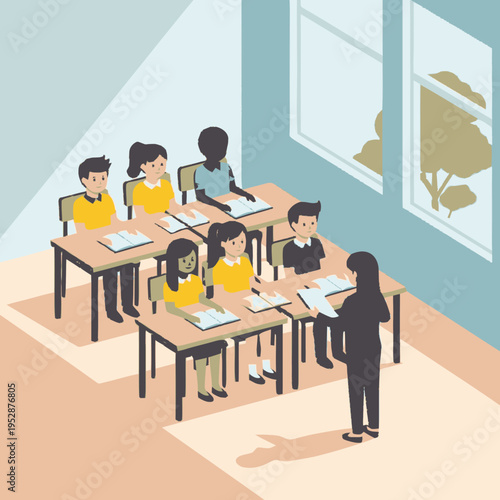 A diverse group of young students attentively listen to their teacher in a brightly lit classroom, with sunlight streaming through the window.