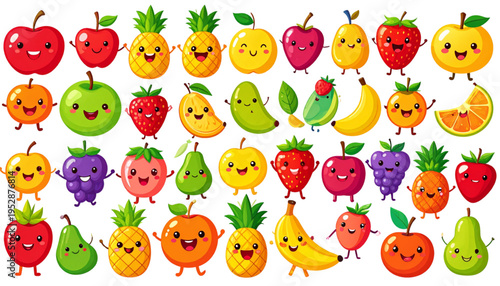 A collection of colorful and cheerful cartoon fruits with happy smiling faces and friendly arms Vector