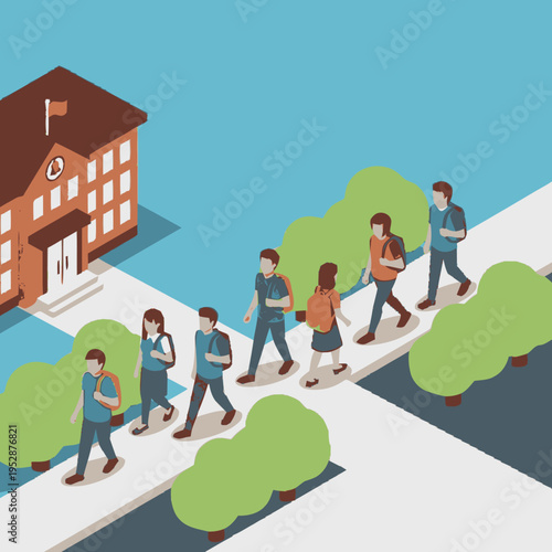 Students with backpacks walking in a line towards a school building with trees on the side.
