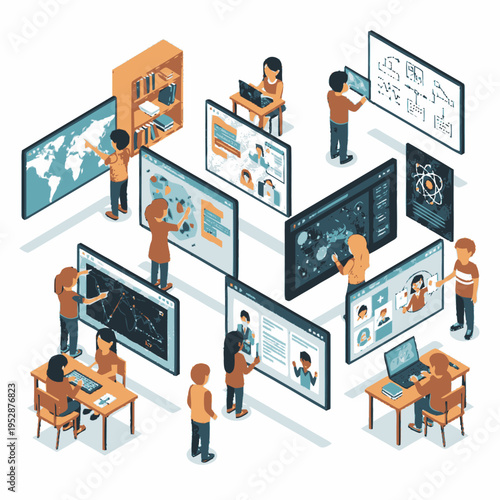 Diverse group of people collaborating and learning using interactive digital displays and technology in a modern educational setting.