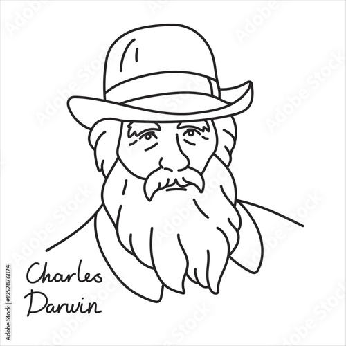 Hand drawn vector portrait of scientist, biologist and traveler Charles Darwin. Line illustration of the head of famous british naturalist, the author of the theory of evolution
