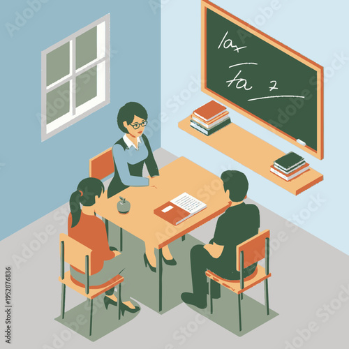 A teacher is instructing two students in a classroom setting, with a blackboard and books visible.